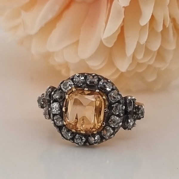Antique Cushion Cut Imperial Topaz and Old Cut Diamond Cluster Engagement Ring