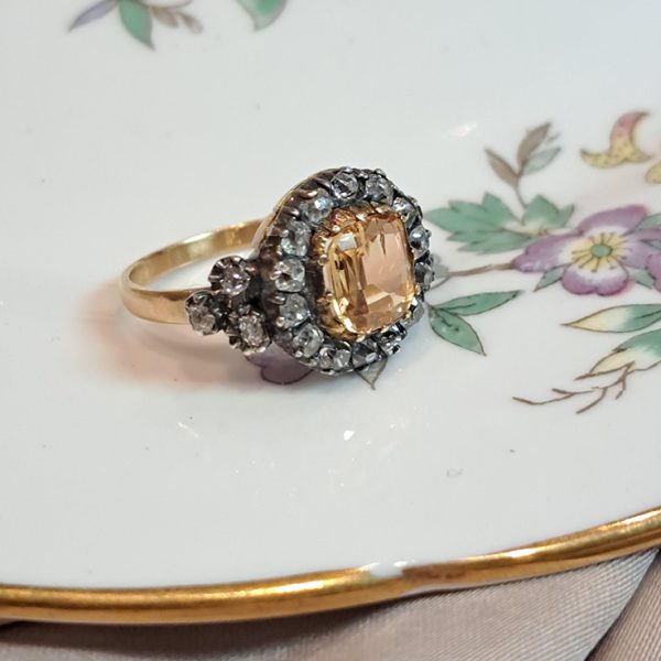Antique Cushion Cut Imperial Topaz and Old Cut Diamond Cluster Engagement Ring