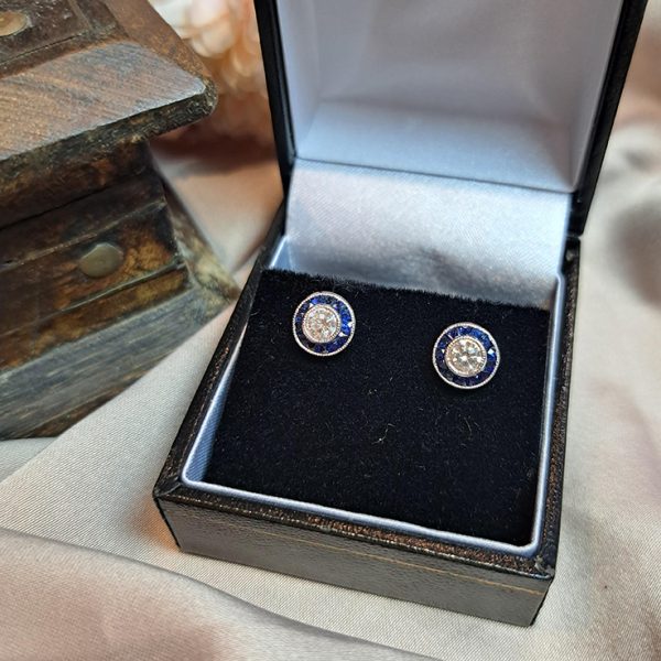 0.50ct Diamond and Calibre Sapphire Target Stud Earrings