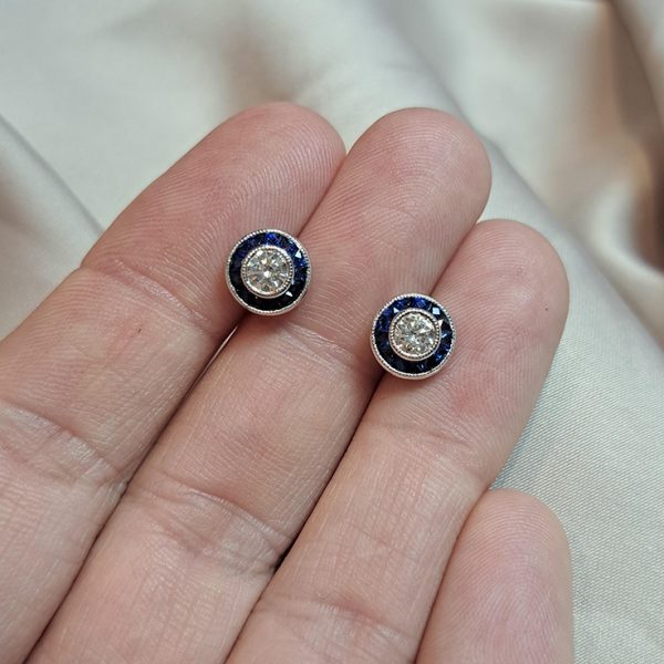 0.50ct Diamond and Calibre Sapphire Target Stud Earrings