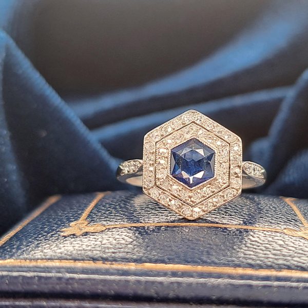 Art Deco 0.50ct Hexagonal Cut Sapphire and Diamond Cluster Engagement Ring in Platinum