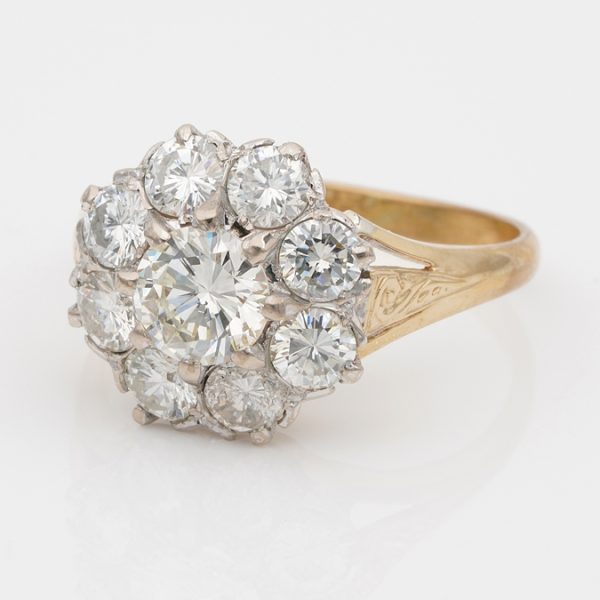 Vintage Retro 1940s Diamond Daisy Flower Cluster Engagement Ring, 2.50 carat total