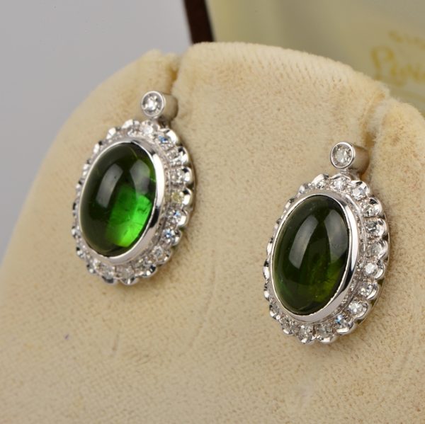 Vintage 13ct Oval Cabochon Green Tourmaline and Diamond Cluster Drop Earrings