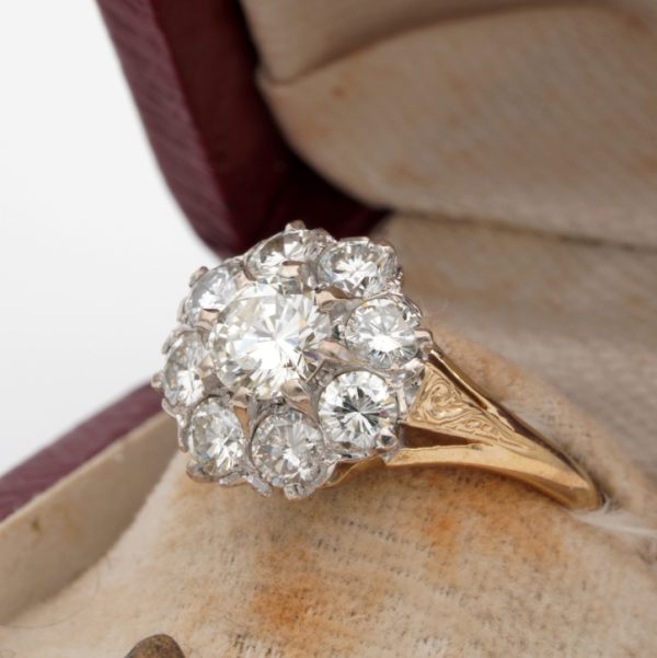 Vintage Retro 1940s Diamond Daisy Floral Cluster Engagement Ring, 2.50 carat total