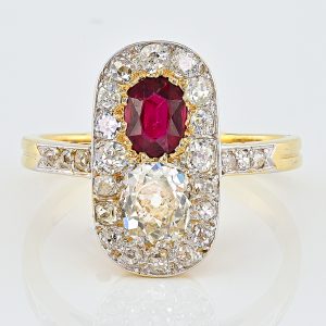 Edwardian Antique Natural Ruby and Old Cut Diamond Plaque Ring