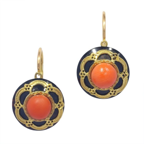 Early Victorian Antique Coral Onyx and Gold Earrings