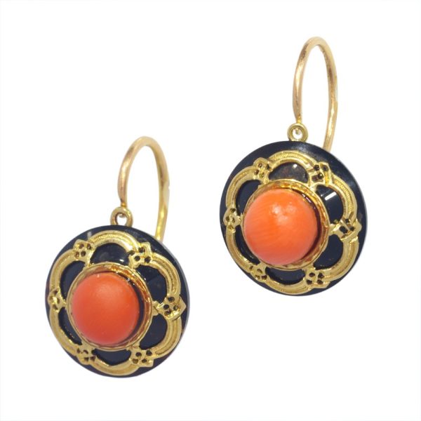 Early Victorian Antique Coral Onyx and Gold Earrings