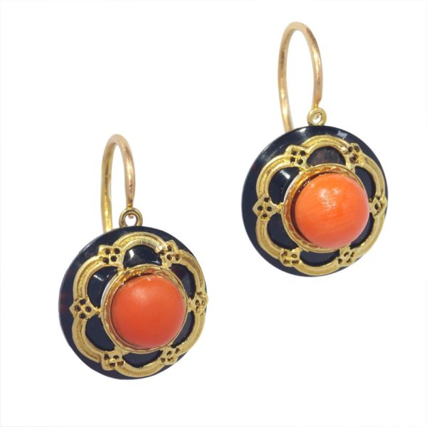 Early Victorian Antique Coral Onyx and Gold Earrings