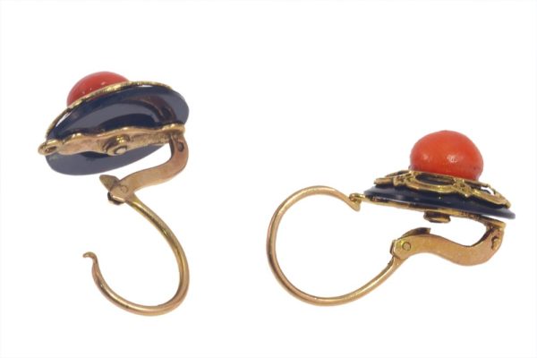 Early Victorian Antique Coral Onyx and Gold Earrings