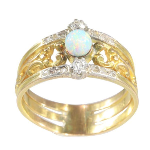 Antique Victorian Opal and Diamond Set 18ct Yellow Gold Openwork Gold Band Ring