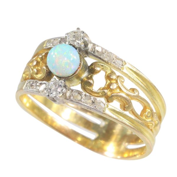 Antique Victorian Opal and Diamond Set 18ct Yellow Gold Openwork Gold Band Ring