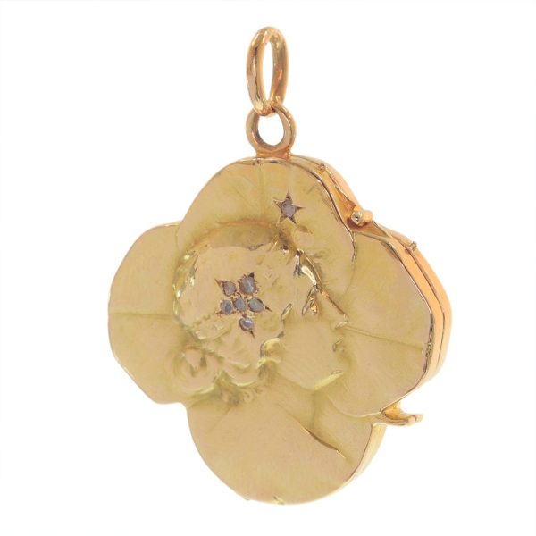 Antique Art Nouveau 18ct Yellow Gold Lucky Four Leaf Clover Locket Pendant with Diamonds