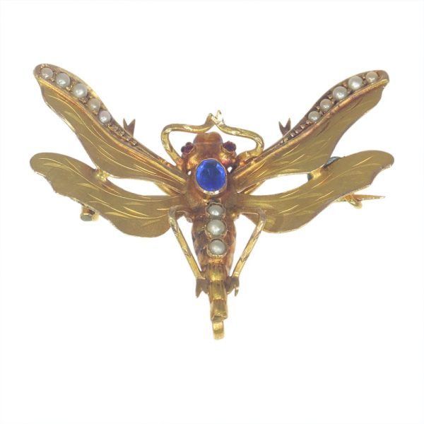Antique Victorian Gem Set 18ct Yellow Gold Dragonfly Butterfly Brooch with seed pearls