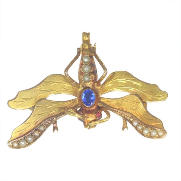 Antique Victorian Gem Set 18ct Yellow Gold Dragonfly Butterfly Brooch with pearls