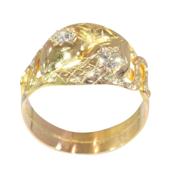 Late Victorian Antique Old Mine Cut Diamond Set 18ct Yellow Gold Double Head Snake Ring
