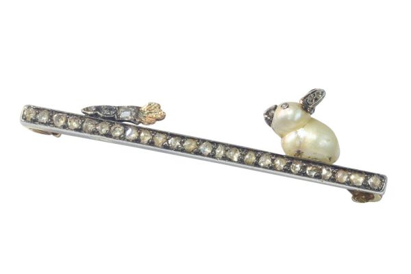 Late Victorian Antique Diamond Bar Brooch Depicting Baroque Pearl Rabbit with Diamond Carrot
