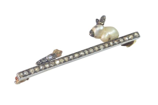 Late Victorian Antique Diamond Bar Brooch Depicting Baroque Pearl Rabbit with Diamond Carrot