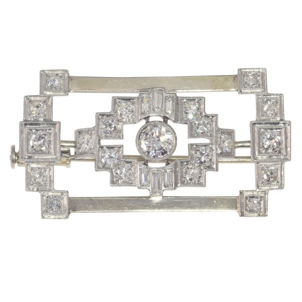 Late Art Deco 1.49ct Old Cut Diamond Brooch in Platinum and 18ct White Gold