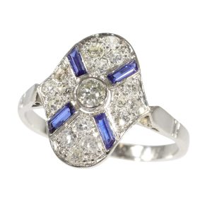 Art Deco Old Cut Diamond and Sapphire Cluster Dress Ring