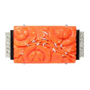 Art Deco Carved Coral Brooch with Onyx and Diamonds