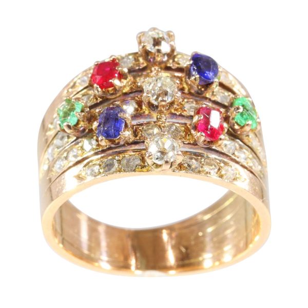 Antique Victorian Tutti Frutti Multi Gemstone and Diamond Dress Ring