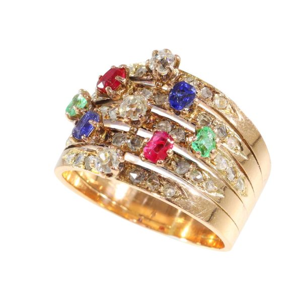 Antique Victorian Tutti Frutti Multi Gemstone and Diamond Dress Ring, unique tutti frutti ring