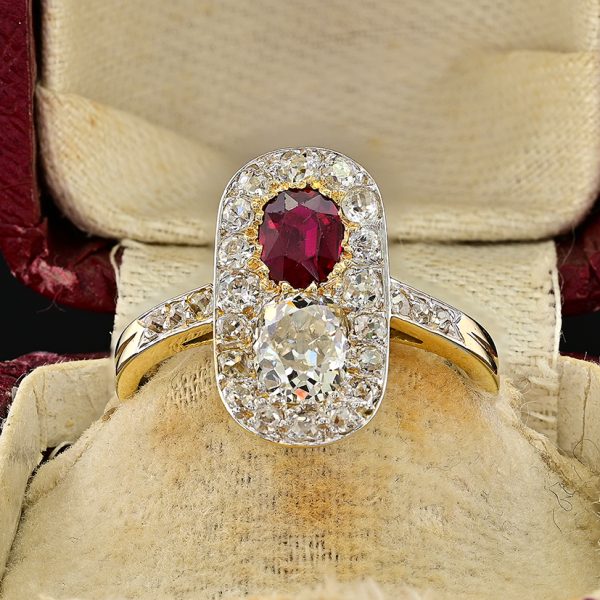 Edwardian Antique Natural No Heat Ruby and Old Mine Cut Diamond Two Stone Cluster Plaque Ring in Platinum and 18ct Yellow Gold