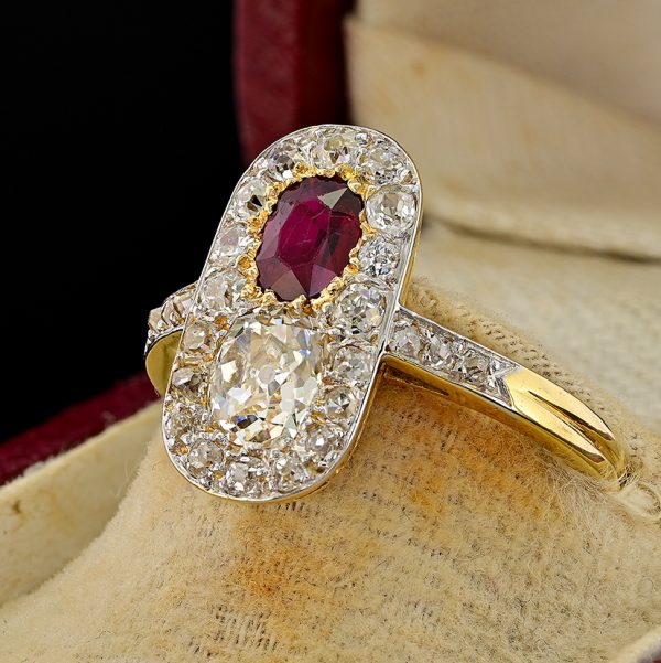 Edwardian Antique Natural No Heat Ruby and Old Mine Cut Diamond Two Stone Cluster Plaque Ring in Platinum and 18ct Yellow Gold