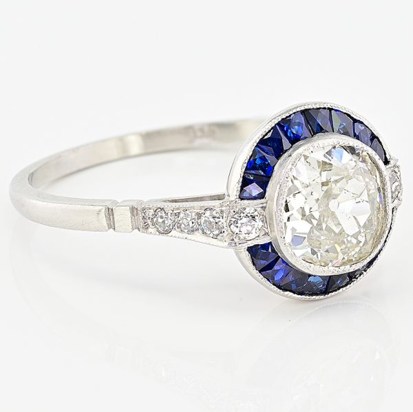 1.10ct Old Mine Cut Diamond and Sapphire Target Engagement Ring in Platinum
