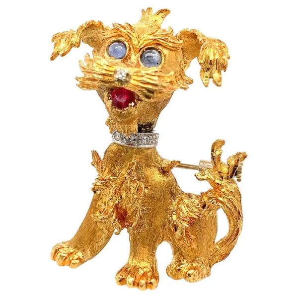Vintage Italian Gem Set Gold Schnauzer Dog Brooch, with diamond nose and collar, cabochon sapphire eyes and ruby tongue, Circa 1960s