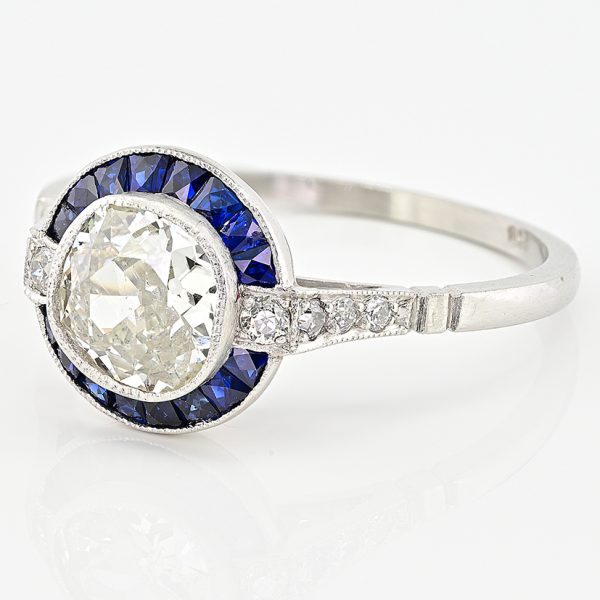 1.10ct Old Mine Cut Diamond and Sapphire Target Engagement Ring in Platinum