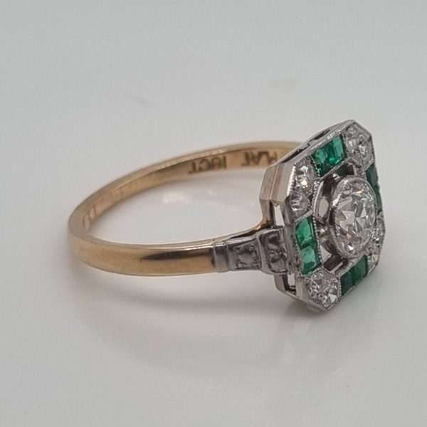 Art Deco 0.60ct Old European Cut Diamond and Emerald Square Octagonal Cluster Ring in platinum and 18ct yellow gold