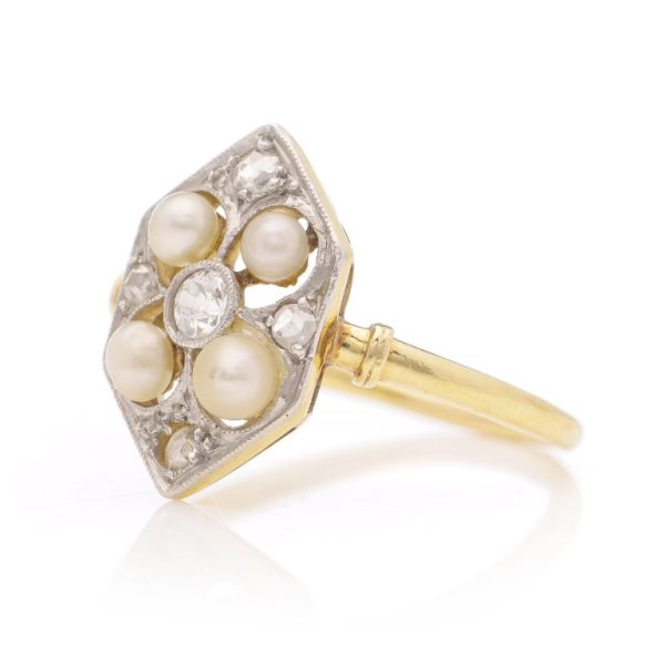 Edwardian Antique Old Cut Diamond and Pearl Cluster Plaque Ring