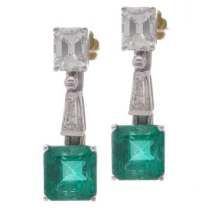 Stunning Vintage 4ct Square Cut Natural Colombian Emerald and Diamond Drop Earrings