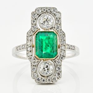 Art Deco 1.32ct Colombian Emerald and Diamond Plaque Ring