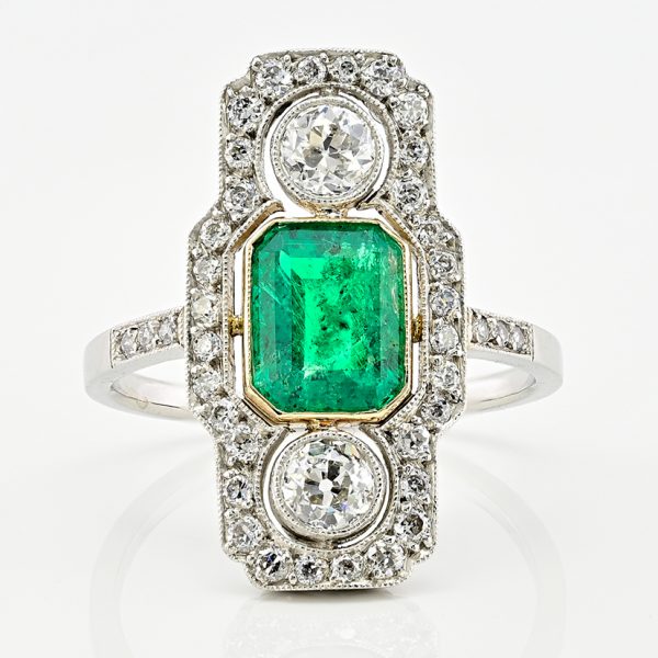 Vintage Art Deco 1.32ct Colombian Emerald and Diamond Three Stone Plaque Ring in Platinum