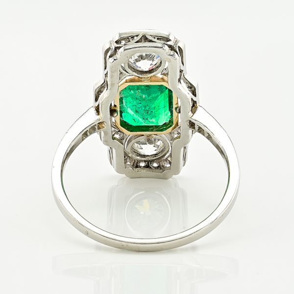 Art Deco 1.32ct Colombian Emerald and Diamond Three Stone Plaque Ring in Platinum