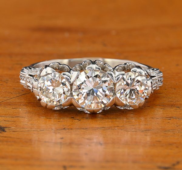 Art Deco 1.97ct Three Stone Diamond Engagement Ring in Platinum