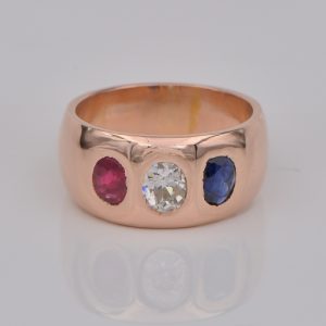 Victorian Antique 0.70ct Old Mine Cut Diamond Ruby Sapphire Three Stone Band Ring