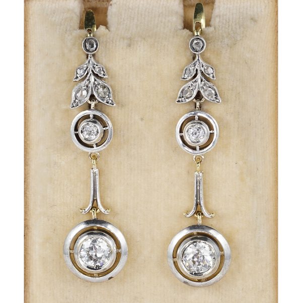 Art Nouveau 1.70ct Old European Cut Diamond Drop Earrings