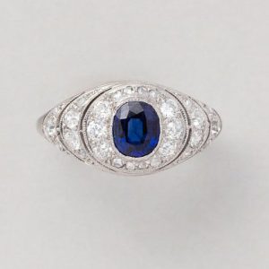 Art Deco Natural No Heat 1.01ct Cushion Cut Sapphire and Diamond Cluster Ring in Platinum