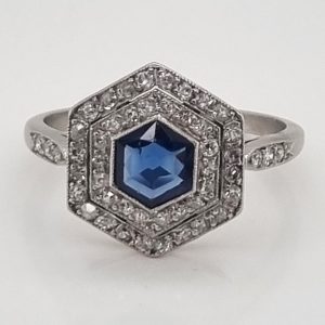 Art Deco 0.50ct Hexagonal Cut Sapphire and Diamond Cluster Engagement Ring in Platinum