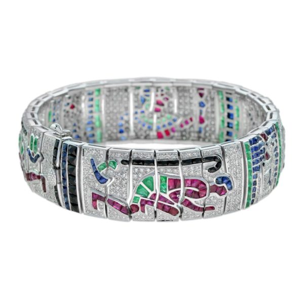 Egyptian Revival Multi Gemstone Emerald Sapphire Ruby Onyx Diamond Bracelet