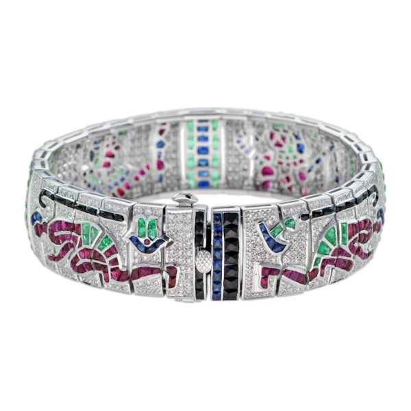 Egyptian Revival Multi Gemstone Emerald Sapphire Ruby Onyx Diamond Bracelet