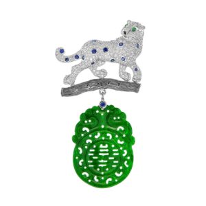 Contemporary Carved Jadeite Jade and Diamond Panther Brooch