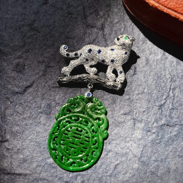Contemporary Carved Jadeite Jade and Diamond Panther Brooch