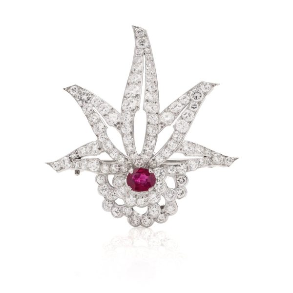 0.91ct Ruby and Diamond Cluster Brooch in Platinum, 4.62 carats