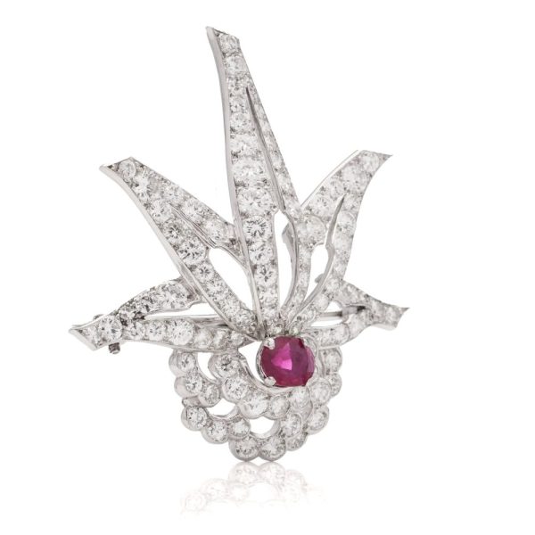 0.91ct Ruby and Diamond Cluster Brooch in Platinum, 4.62 carats