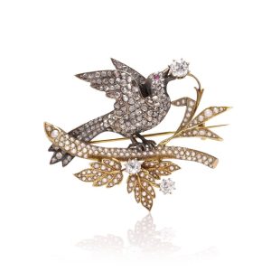 Victorian Antique Old Cut Diamond and Seed Pearl Bird Brooch