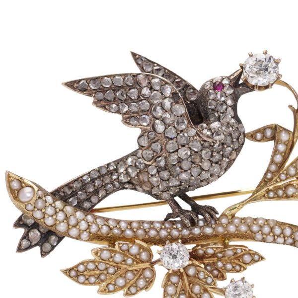 Victorian Antique 4.14ct Old Cut and Rose Cut Diamond and Seed Pearl Bird Brooch